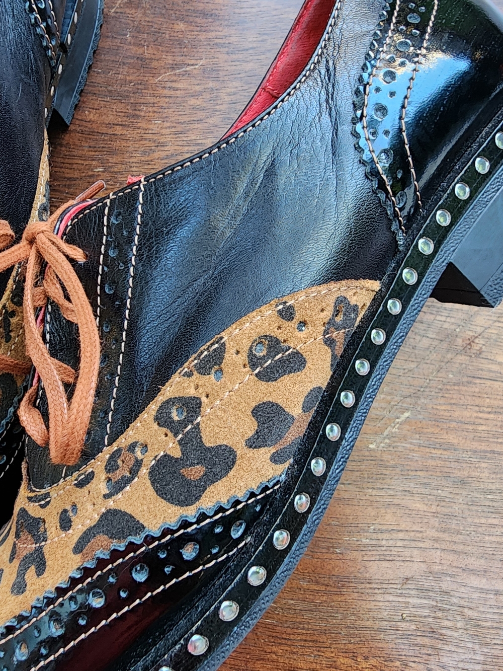 Girotti Custom Leather Oxford Brogues Black Patent Leopard Studded 39 - Picture 7 of 15